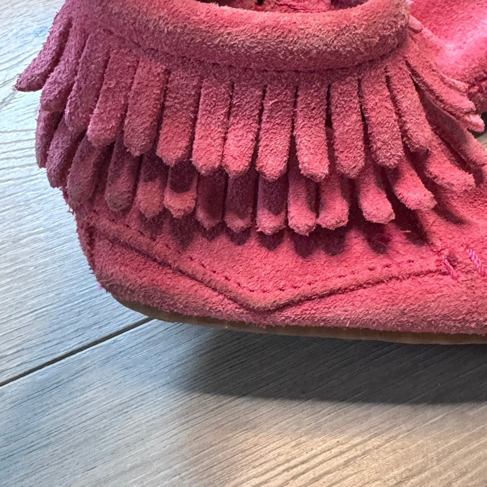 Minnetonka Toddler Girls Pink Suede Double Fringe Side Zip Moccasin Boots Size 5